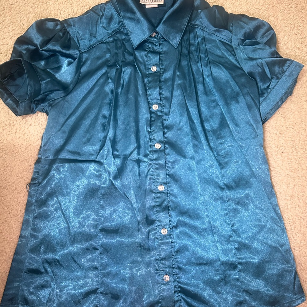Pretty Good Teal Satin Button Down Shirt